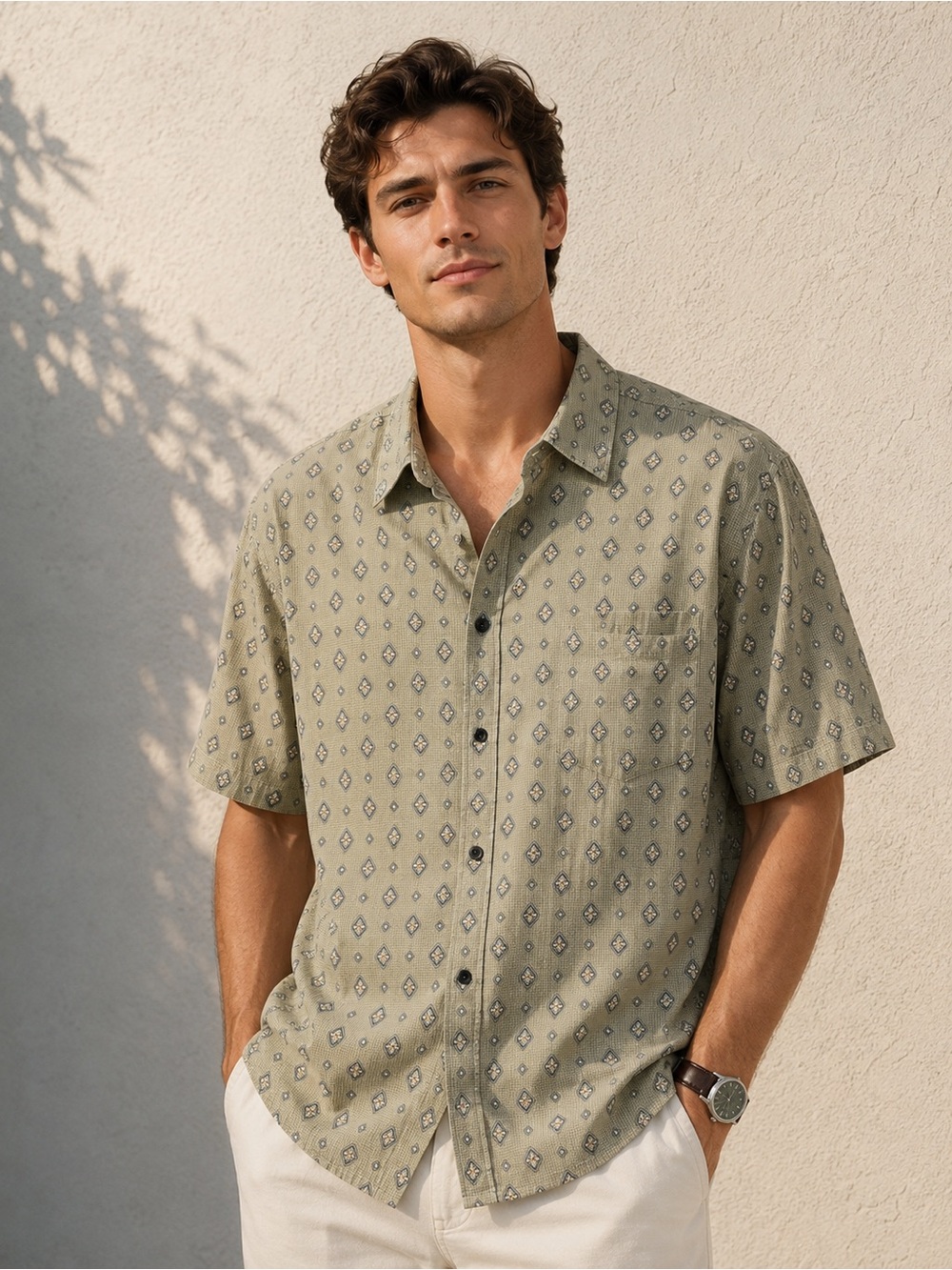 Claiborne Short-Sleeve Button-Down in Olive Geo